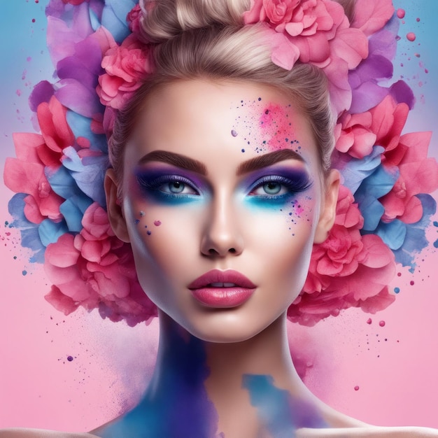 Fashion model girl portrait with colorful powder make up Beauty woman with bright color makeup