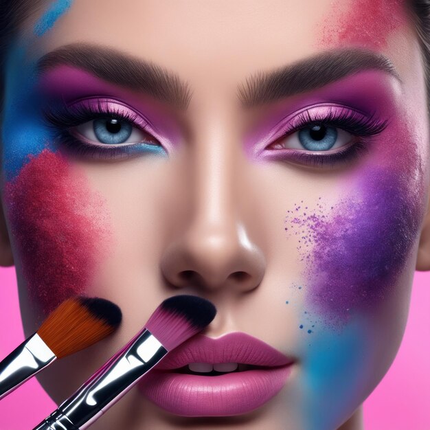 Fashion model girl portrait with colorful powder make up Beauty woman with bright color makeup