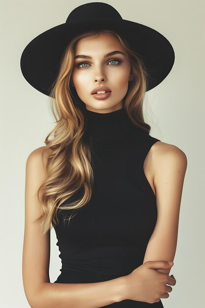 Fashion model in hat beautiful stylish girl in fashion dress posing