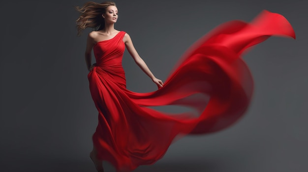 fashion model in rode schoonheid jurk sexy meisje poseren op grijze achtergrond gemaakt door generatieve AI