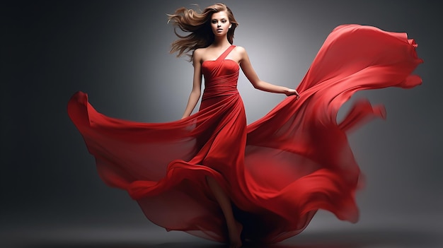 생성 AI가 만든 회색 배경에 포즈를 취하는 빨간색 뷰티 드레스 섹시한 소녀의 패션 모델