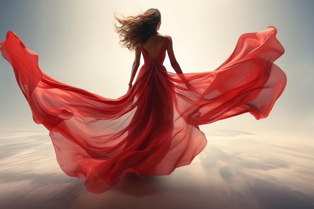 Photo fashion model in red flying dress rear view looking at light