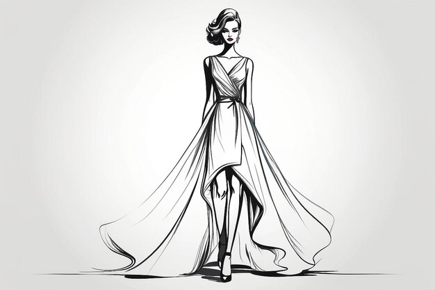 Photo fashion model runway silhouette hand drawn sketch stylized woman isolated