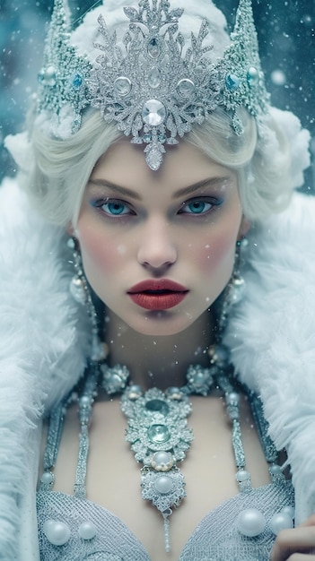 패션 모델의 겨울 컨셉 아름다운 눈 여왕은 순수한 색으로 그녀의 몸 전체를 감싸고