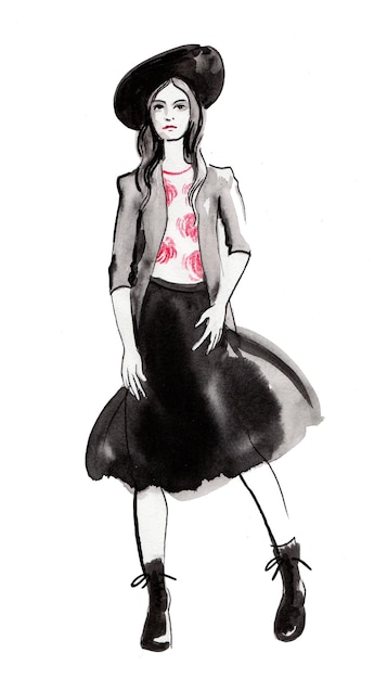 Fashion model in skirt and hat. Ink and watercolor drawing