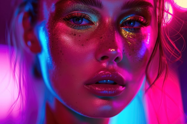 Fashion Model Stuns With Vibrant Neon Lights And Trendy Makeup