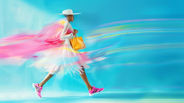 Photo fashion model walking on a blue runway she is wearing a white dress a yellow handbag and a white hat