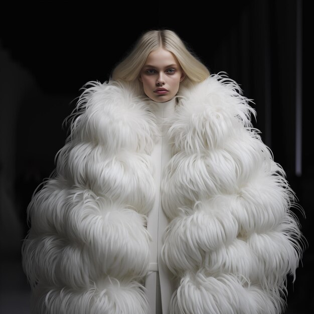 Photo fashion model wearing fur coat on grey background walks and posing on the runway