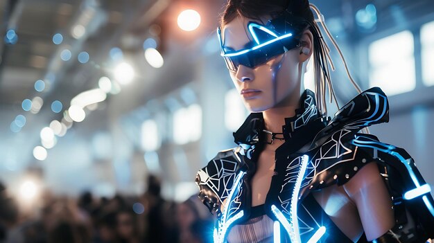 Foto modella di moda che indossa un abito futuristico con luci blu luminose perfetto per una storia di fantascienza o cyberpunk