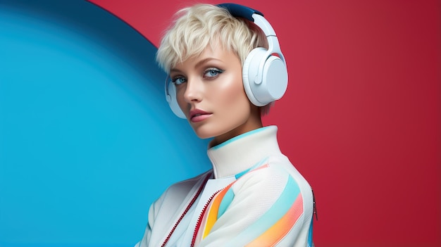 Fashion model in white jacket with headphones on poses
