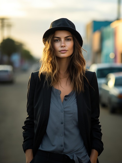 Fashion model with hat looking at the camera