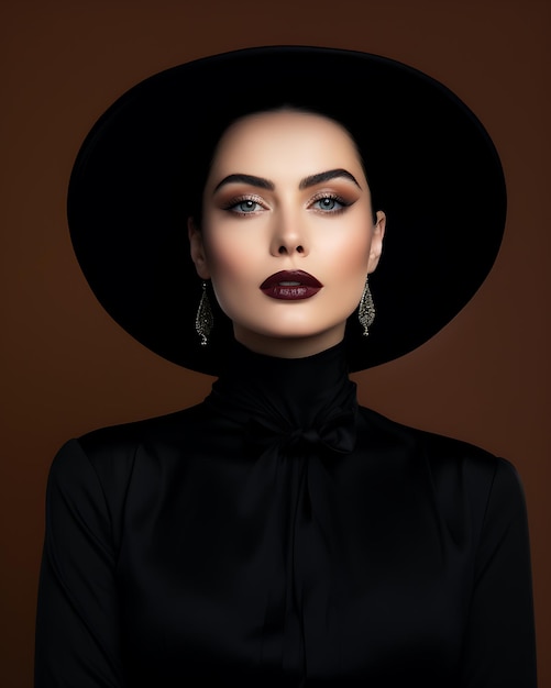 Fashion model with luxury make up wearing black outfit posing on white