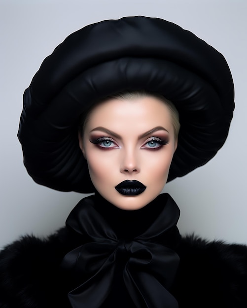 Fashion model with luxury make up wearing black outfit posing on white