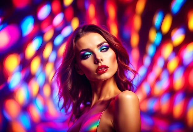 Photo fashion model woman in colorful bright lights