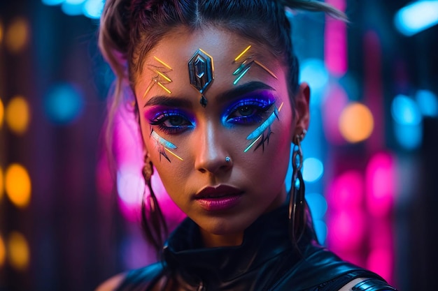 Fashion model woman face with fantasy art makeup Bold makeup glance Fashion art portrait incorporating neon colors Advertising design for cosmetics beauty salon AI generated