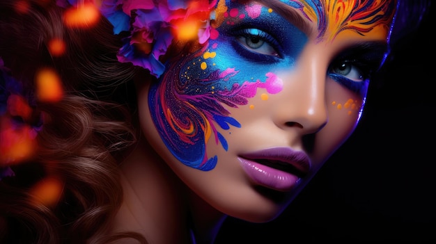 Photo fashion model woman face with fantasy art makeup bold makeup glance fashion art portrait