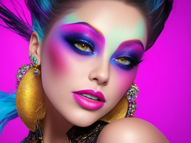 Fashion model woman face with fantasy art makeup Bold makeup glance Fashion art