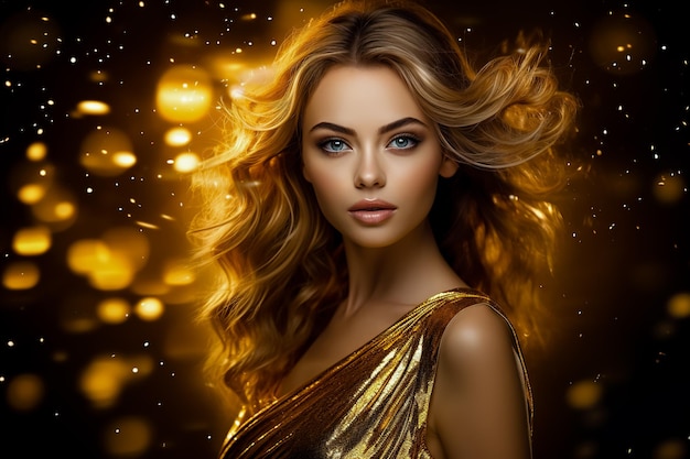 Fashion model woman in golden bright sparkles