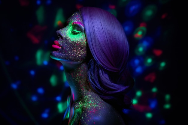 Photo fashion model woman in neon light bright fluorescent makeup, long hair, drop on face. beautiful model pink hair girl colorful make-up, painted skin, body art design ultraviolet
