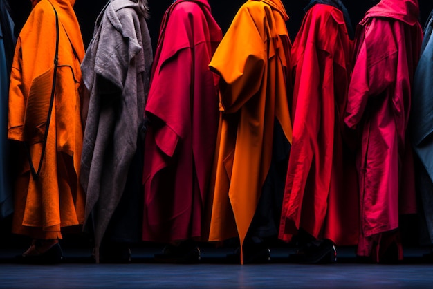 写真 灰色赤オレンジ色の服装を着たファッションモデルが一列に並びファンシーな服装とアクセサリーのコンセプト