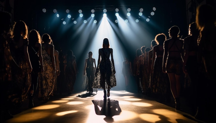 Photo fashion models walking in illuminated performance space generated by ai