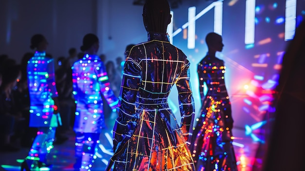 Foto modelle di moda che indossano abiti luminosi con luci al neon luminose su una pista