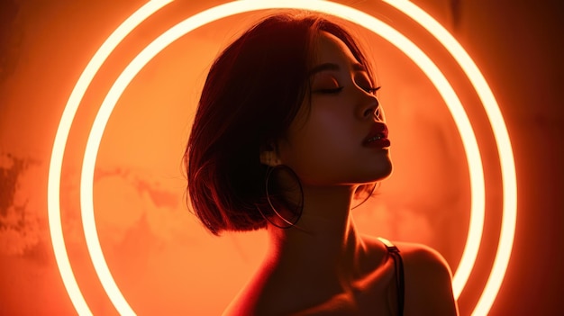 Fashion Under Neon Lights Woman with Dramatic Makeup in Warm Glowing Ring