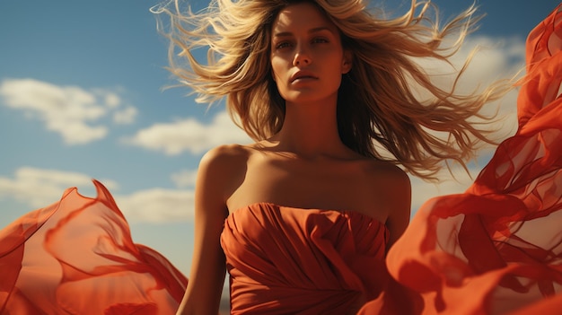 Модное фото красивой чувственной женщины со светлыми волосами в элегантном платье, позирующей в пустыне