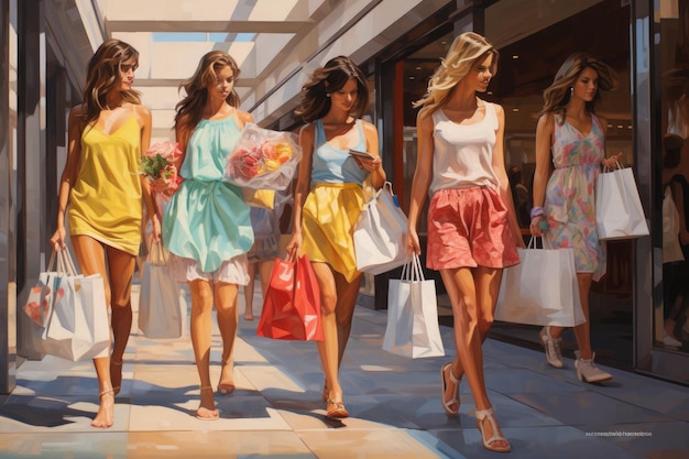 写真 ショッピングでポーズをとっている麗な服を着た金の美しい女性のファッションアウトドア写真ショッピングの散歩中の女の子ai generated