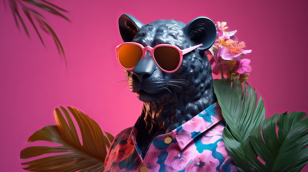 Fashion panther wearing sunglasses in hipster style on tropical background Beautiful black panther Summer seamless Leopard animal skin background