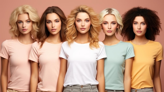 Fashion people and beauty concept group of five smiling women in blank tshirts over pink background