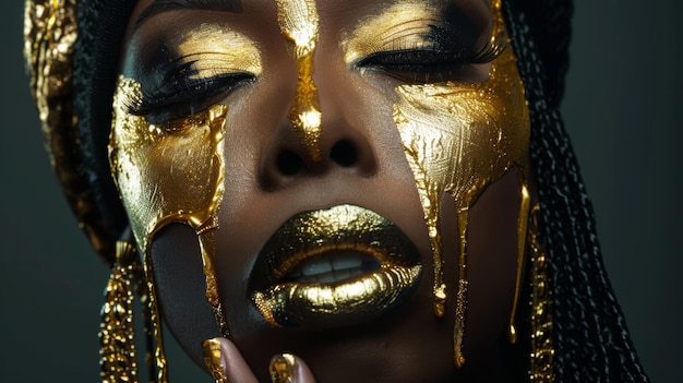 Photo fashion photo golden paint on african american woman glossy finish ai created