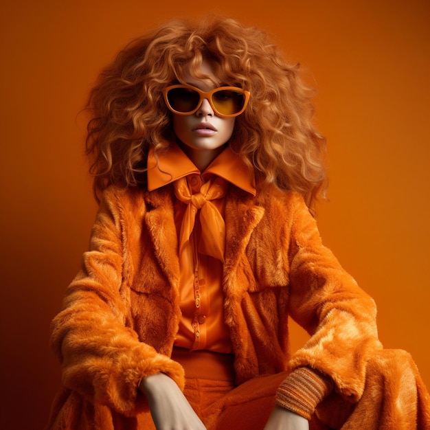 Fashion photograph wearing 1970s orange clothing and sunglasses