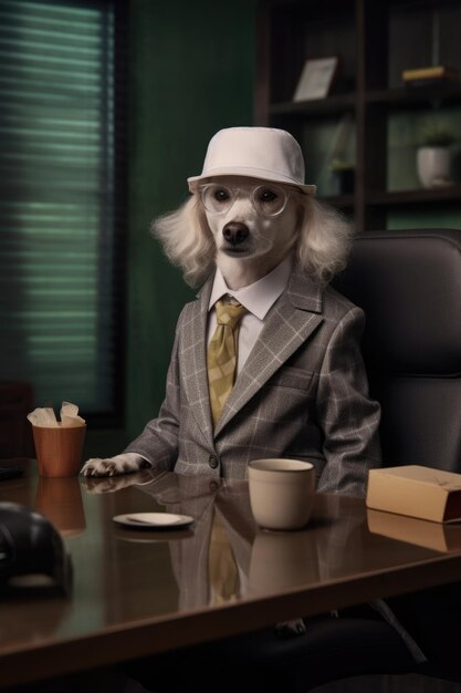 Fashion photography of a anthropomorphic dog dressed as businesswoman clothes in office