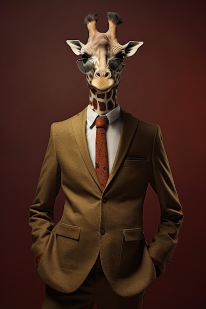 Fashion photography of a anthropomorphic giraffe dressed as businessman clothes