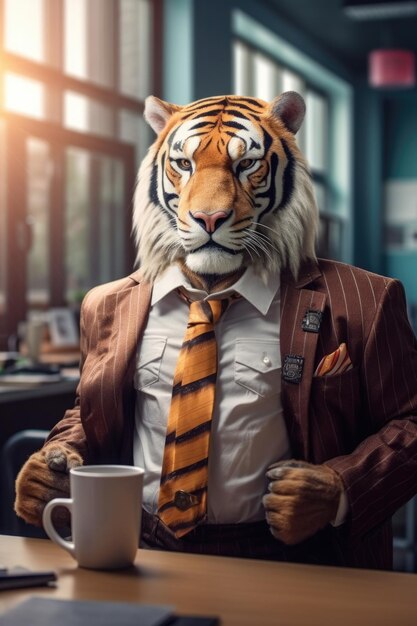 Fashion photography of a anthropomorphic Tiger dressed as businessman clothes in office