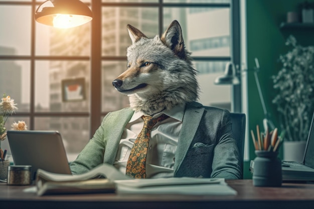 オフィスでビジネスマンの服を着た擬人化されたオオカミのファッション写真