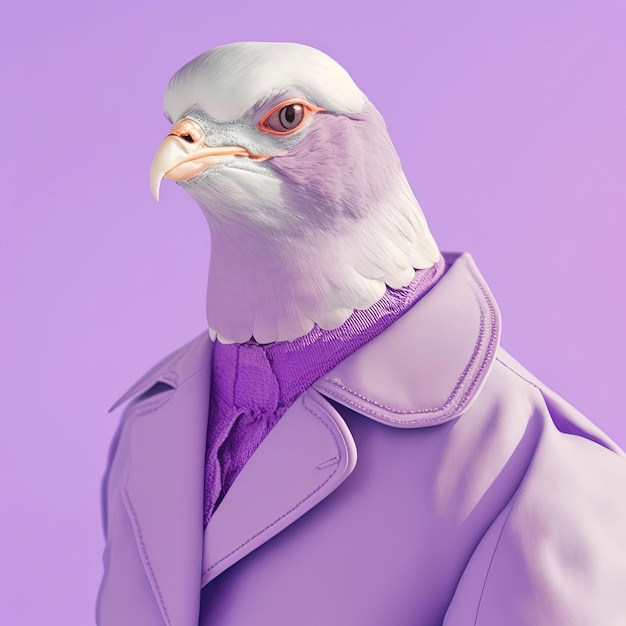 Fashion pigeon in stylish coat purple monochrome portrait