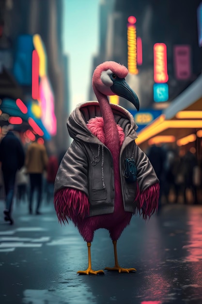 Fashion pink flamingo in times square Cinematic Still Shot of hip hop fashion dressed kind toy flamingo in Times Square Generative AI