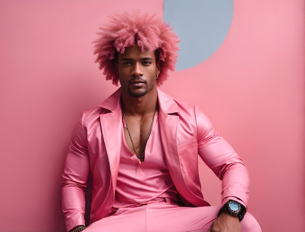 패션 초상화 배경 흑인 남성 모델 핑크 머리와 의류 스타일