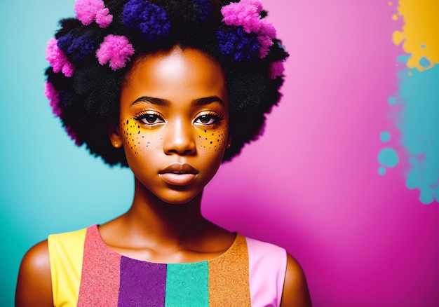 Foto ritratto di moda di una bella donna afroamericana su uno sfondo luminoso ai generativa