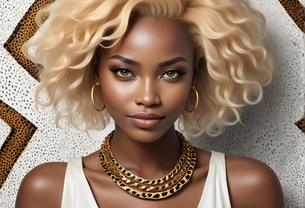 Fashion portrait of beautiful african american woman with blond curly hair Perfect skin