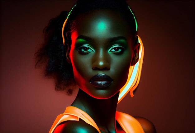 Fashion portrait beautiful black woman look at camera in neon studio lighting Generate Ai