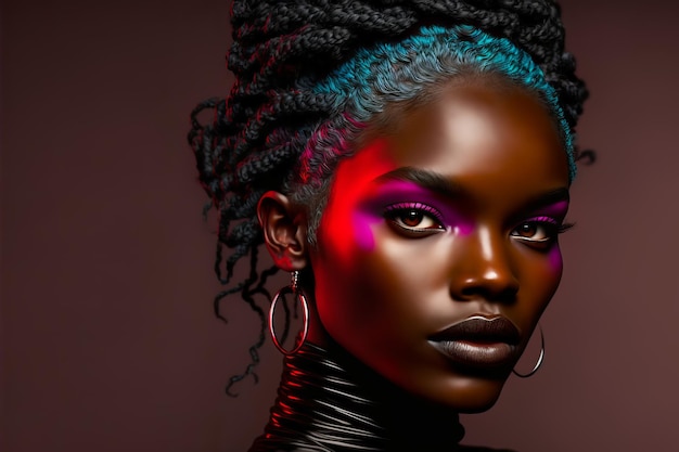 Fashion portrait beautiful black woman in neon studio lighting Generative AI illustration