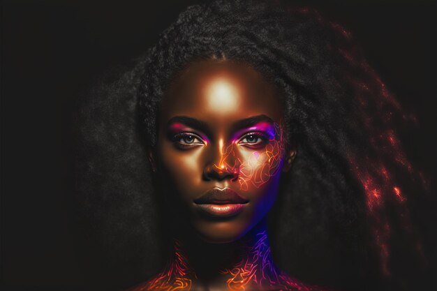 Fashion portrait beautiful black woman in neon studio lighting Generative AI illustration