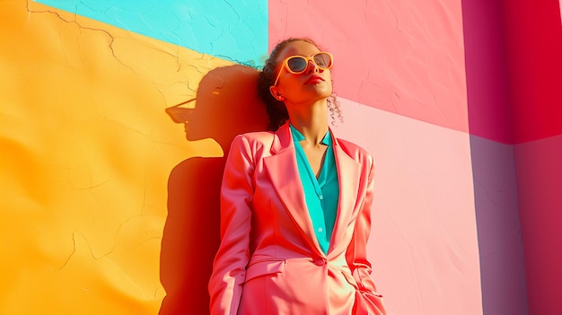 Photo fashion portrait of a beautiful girl in a pink suit and sunglasses on a colorful background