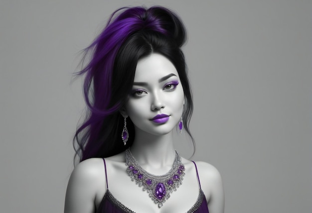 Fashion portrait of a beautiful girl with purple hair Hairstyle and makeup