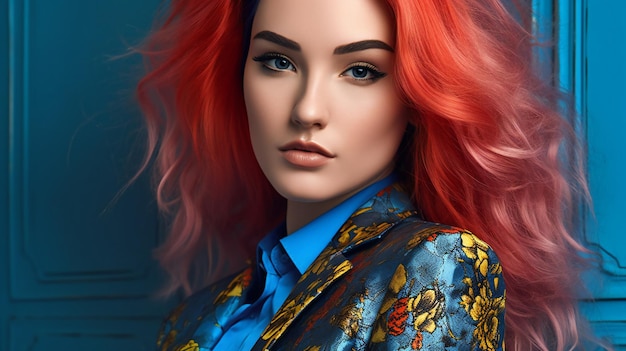 Fashion portrait of a beautiful girl with red hair in a blue jacket