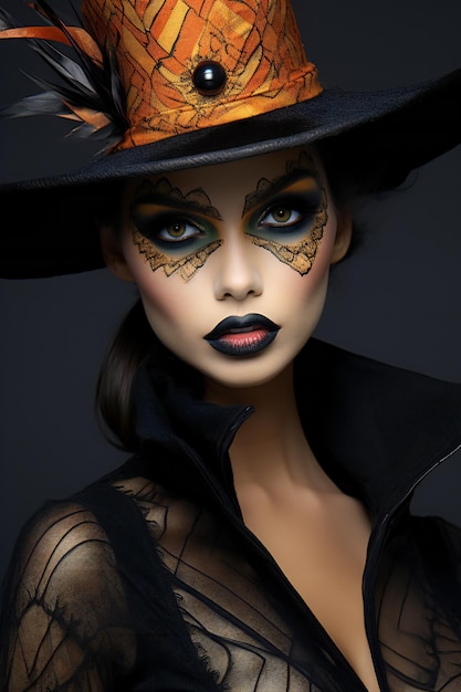 Fashion portrait of a beautiful woman in black hat Halloween make up