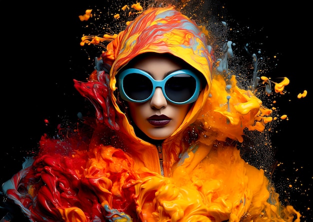 Fashion Portrait of Beautiful Woman Wearing Sunglasses Covered in Vivid Bright Color Paint Splatter